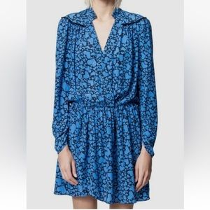 Zadig and Voltaire women’s blue vneck heart print  ruched long sleeve dress
